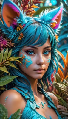 1girl,solo,long hair,breasts,looking at viewer,bangs,blue eyes,hair ornament,animal ears,cleavage,bare shoulders,jewelry,medium breasts,closed mouth,blue hair,collarbone,upper body,flower,artist name,hair flower,necklace,blurry,aqua eyes,lips,animal ear fluff,fox ears,eyelashes,aqua hair,makeup,blurry background,leaf,watermark,facial mark,plant,portrait,web address,eyeshadow,realistic,nose,eyeliner,whisker markings,facepaint,orange flower,mascara,dress,depth of field,pink lips,yellow flower