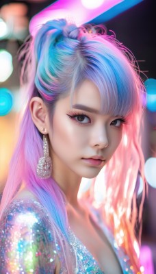 1girl,solo,long hair,breasts,looking at viewer,bangs,brown eyes,jewelry,closed mouth,blue hair,upper body,ponytail,pink hair,multicolored hair,earrings,blurry,two-tone hair,lips,eyelashes,makeup,blurry background,portrait,eyeshadow,realistic,nose,mascara,artist name,from side,gradient hair,depth of field,watermark,lipstick,bokeh