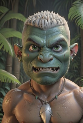 solo,looking at viewer,smile,short hair,open mouth,1boy,jewelry,nipples,green eyes,upper body,white hair,male focus,nude,earrings,teeth,pointy ears,necklace,tree,tattoo,muscular,colored skin,facial hair,leaf,fangs,piercing,abs,thick eyebrows,pectorals,muscular male,portrait,nature,bara,beard,close-up,large pectorals,veins,topless male,mature male,realistic,stubble,green skin,chest hair,navel hair,monster boy,orc,tusks,tooth necklace,artist name,sharp teeth,blue skin,manly