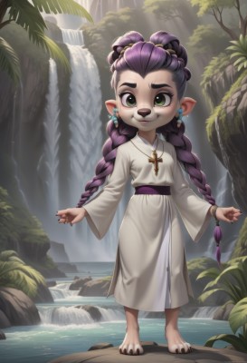 1girl,solo,long hair,looking at viewer,smile,long sleeves,dress,jewelry,very long hair,green eyes,standing,full body,purple hair,braid,earrings,outdoors,barefoot,day,pointy ears,water,necklace,white dress,twin braids,bracelet,tree,sash,:3,sunlight,thick eyebrows,cross,plant,child,nature,claws,furry,forest,robe,light rays,rock,furry female,female child,cross necklace,animal nose,waterfall,multiple braids,animal ears,twintails,wide sleeves,nail polish,flat chest,fingernails,black nails,freckles,toenails,sharp fingernails,sharp toenails