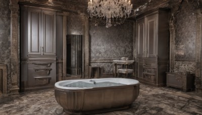 indoors,water,no humans,window,scenery,stairs,door,candle,bathtub,sink,candlestand,faucet,chandelier,chair,wooden floor,tiles,bath,tile floor,pillar,carpet,rug,cabinet,fireplace