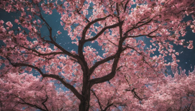 outdoors, sky, tree, petals, no humans, night, cherry blossoms, star (sky), night sky, scenery, starry sky