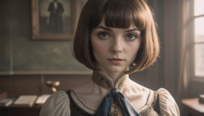 1girl,solo,looking at viewer,short hair,bangs,brown hair,dress,ribbon,brown eyes,closed mouth,collarbone,upper body,parted lips,indoors,blunt bangs,blurry,lips,book,window,depth of field,blurry background,bob cut,blue ribbon,portrait,realistic,nose,portrait (object),jewelry,eyelashes,sunlight,painting (object)