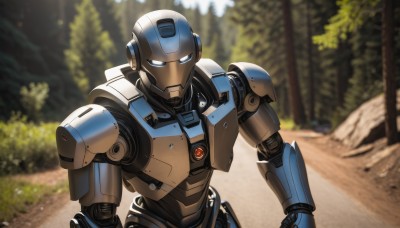 solo,looking at viewer,blue eyes,1boy,upper body,male focus,outdoors,blurry,tree,no humans,blurry background,robot,nature,mecha,forest,science fiction,looking ahead,humanoid robot,armor,realistic,android,white eyes,power armor