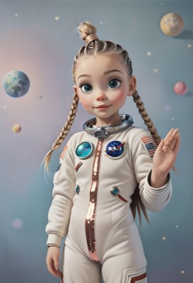 1girl,solo,long hair,looking at viewer,blush,smile,blue eyes,blonde hair,brown hair,jewelry,standing,braid,cowboy shot,earrings,pussy,hand up,hair bun,star (symbol),twin braids,flat chest,lips,loli,bodysuit,cameltoe,single hair bun,zipper,waving,realistic,space,white bodysuit,planet,earth (planet),american flag,spacesuit,japanese flag,astronaut,collar,uncensored,moon,unzipped,jumpsuit