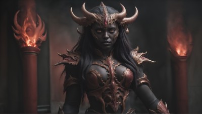 HQ,1girl,solo,long hair,breasts,looking at viewer,black hair,red eyes,cleavage,medium breasts,closed mouth,upper body,horns,armor,blurry,orange eyes,blurry background,colored skin,fire,shoulder armor,colored sclera,pauldrons,grey skin,black skin,black lips,pointy ears,elf,pillar