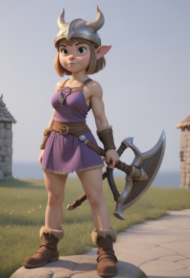 1girl,solo,breasts,looking at viewer,smile,short hair,brown hair,dress,holding,bare shoulders,brown eyes,closed mouth,standing,collarbone,full body,weapon,small breasts,boots,outdoors,horns,sleeveless,day,pointy ears,belt,artist name,holding weapon,blurry,black eyes,fur trim,blurry background,brown footwear,short dress,helmet,grass,purple dress,fake horns,axe,holding axe,horned helmet,bangs,skirt,jewelry,medium breasts,armor,lips,thick eyebrows,nose,leather