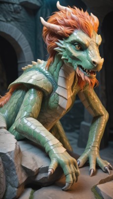 solo,looking at viewer,open mouth,tail,yellow eyes,red hair,horns,teeth,tongue,tongue out,orange hair,blurry,orange eyes,no humans,blurry background,fangs,sharp teeth,slit pupils,claws,dragon horns,dragon,scales,1girl,long hair,colored skin,monster girl,colored sclera,dragon girl,realistic,green skin