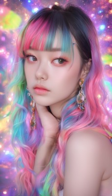 1girl,solo,long hair,looking at viewer,bangs,black hair,bare shoulders,jewelry,closed mouth,blue hair,upper body,pink hair,multicolored hair,earrings,sleeveless,blunt bangs,black eyes,from side,two-tone hair,lips,looking to the side,eyelashes,makeup,watermark,web address,hand on own face,eyeshadow,realistic,nose,hand on own cheek,colorful,rainbow hair,blue eyes,artist name,aqua hair,gradient hair,wavy hair,gem,light particles,head rest,pink lips,eyeliner,mascara