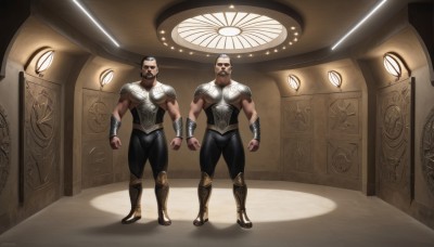 looking at viewer,short hair,standing,full body,male focus,boots,multiple boys,pants,artist name,indoors,dark skin,2boys,armor,tattoo,muscular,facial hair,thick thighs,dark-skinned male,pectorals,muscular male,shoulder armor,bara,beard,clenched hands,breastplate,mature male,mustache,tight,bald,manly,biceps,brown hair,black hair,bodysuit,scar,black pants,wristband,very short hair,mohawk,leg armor