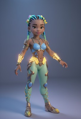 1girl,solo,breasts,looking at viewer,smile,black hair,hair ornament,navel,brown eyes,jewelry,blue hair,standing,full body,braid,flower,multicolored hair,earrings,small breasts,midriff,pants,hair flower,dark skin,necklace,armor,twin braids,bracelet,two-tone hair,dark-skinned female,lips,fingernails,makeup,blue background,sandals,armlet,bikini armor,green pants,very dark skin,dreadlocks,long hair,simple background,bare shoulders,closed mouth,shoes,artist name,gradient,gradient background,piercing,bracer,navel piercing