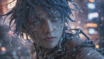 1girl,solo,looking at viewer,short hair,blue eyes,closed mouth,blue hair,outdoors,parted lips,blurry,lips,wet,grey eyes,depth of field,blurry background,messy hair,portrait,close-up,rain,realistic,wet hair,cyberpunk,bangs,black hair,green eyes,floating hair,heterochromia,piercing