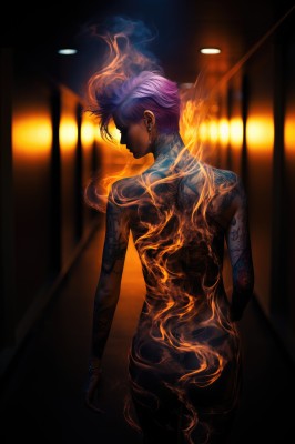 1girl,solo,short hair,1boy,jewelry,standing,purple hair,ass,male focus,nude,cowboy shot,earrings,looking back,dark skin,from behind,blurry,bracelet,completely nude,tattoo,night,blurry background,back,piercing,fire,ear piercing,smoke,arm tattoo,shoulder tattoo,back tattoo,burning,full-body tattoo,dark-skinned female,glowing,asymmetrical hair,cyborg,cyberpunk