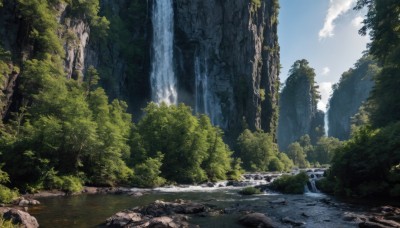 outdoors,sky,day,cloud,water,tree,blue sky,no humans,nature,scenery,forest,rock,mountain,river,waterfall,landscape,cliff,moss,cloudy sky,grass,bush