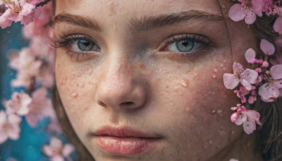 1girl, solo, looking at viewer, blue eyes, brown hair, 1boy, closed mouth, flower, male focus, blurry, lips, eyelashes, depth of field, thick eyebrows, cherry blossoms, portrait, close-up, realistic, nose