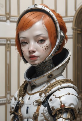 1girl,solo,looking at viewer,short hair,bangs,upper body,indoors,orange hair,armor,blurry,black eyes,lips,grey eyes,bodysuit,makeup,blurry background,pale skin,freckles,realistic,red lips,closed mouth,blood,headphones,expressionless,portrait,headset,science fiction,blood on face,nose,android