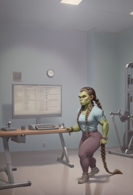 1girl,solo,long hair,breasts,brown hair,shirt,cleavage,medium breasts,very long hair,full body,braid,short sleeves,shoes,pointy ears,belt,pants,indoors,twin braids,cup,muscular,colored skin,table,blue shirt,t-shirt,sneakers,watch,muscular female,clock,wristwatch,green skin,brown pants,exercise,orc,purple pants,ceiling light,goblin,weightlifting,standing,white shirt,lips,thick thighs,thick eyebrows,hair over shoulder,nose,long braid,yoga pants,tusks,high-waist pants,shortstack,wall clock