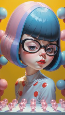 1girl,solo,looking at viewer,blush,short hair,bangs,blue eyes,simple background,shirt,closed mouth,blue hair,white shirt,upper body,pink hair,multicolored hair,glasses,shiny,artist name,blunt bangs,shiny hair,two-tone hair,lips,eyelashes,makeup,bob cut,polka dot,lipstick,portrait,yellow background,eyeshadow,freckles,black-framed eyewear,nose,orange background,red lips,mascara,polka dot dress,dress,streaked hair,turtleneck,watermark,realistic,eyeliner