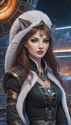 1girl,solo,long hair,breasts,looking at viewer,brown hair,animal ears,cleavage,brown eyes,jewelry,medium breasts,upper body,earrings,belt,artist name,cat ears,hood,lips,grey eyes,fur trim,makeup,night,lipstick,gem,snowing,red lips,forehead jewel,signature,necklace,cape,wolf ears,realistic,nose