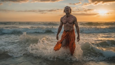 solo,short hair,open mouth,1boy,navel,nipples,closed eyes,male focus,outdoors,sky,teeth,cloud,dark skin,water,muscular,ocean,beach,abs,dark-skinned male,cloudy sky,pectorals,muscular male,wading,topless male,sunset,realistic,sun,horizon,waves,blonde hair,facial hair,beard,arms at sides