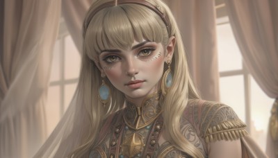 1girl,solo,long hair,looking at viewer,bangs,blonde hair,brown eyes,jewelry,closed mouth,yellow eyes,upper body,hairband,earrings,indoors,necklace,blurry,lips,eyelashes,window,makeup,curtains,portrait,realistic,nose,blurry background,gem,backlighting,epaulettes,red lips