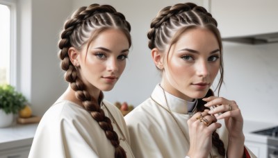 long hair,looking at viewer,smile,multiple girls,brown hair,shirt,2girls,jewelry,closed mouth,white shirt,upper body,braid,multicolored hair,earrings,food,indoors,necklace,blurry,two-tone hair,lips,grey eyes,window,single braid,fruit,blurry background,siblings,ring,plant,sisters,hair over shoulder,freckles,twins,realistic,kitchen,multiple braids,blue eyes,black hair,twin braids,fingernails,depth of field,piercing,sunlight,own hands together,forehead,robe,nose