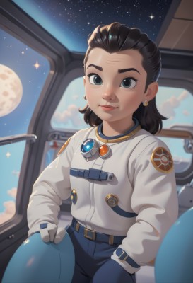 1girl,solo,looking at viewer,smile,blue eyes,brown hair,shirt,black hair,gloves,long sleeves,jewelry,sitting,closed mouth,jacket,white shirt,earrings,sky,belt,pants,white gloves,medium hair,black eyes,lips,night,moon,white jacket,star (sky),night sky,forehead,full moon,starry sky,freckles,blue pants,space,planet,spacesuit,long hair,short hair,helmet,aged down,ground vehicle,motor vehicle,headwear removed,blue gloves,helmet removed,astronaut