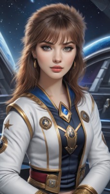 1girl,solo,long hair,breasts,looking at viewer,bangs,brown hair,shirt,long sleeves,brown eyes,jewelry,jacket,upper body,earrings,belt,signature,star (symbol),lips,makeup,white jacket,lipstick,star (sky),starry sky,science fiction,realistic,nose,red lips,space,planet,earth (planet),spacecraft,medium breasts,closed mouth,open clothes,uniform,open jacket,eyelashes,blue shirt,gem