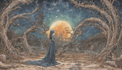 1girl,solo,long hair,dress,bare shoulders,standing,outdoors,sky,from side,tree,profile,night,blue dress,leaf,traditional media,moon,star (sky),night sky,scenery,full moon,starry sky,rock,long dress,branch,bare tree,black hair,full body,black dress,own hands together,plant,vines,wide shot