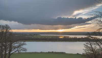 outdoors,sky,cloud,water,tree,no humans,sunlight,cloudy sky,grass,nature,scenery,forest,reflection,sunset,mountain,sun,horizon,bare tree,river,landscape,mountainous horizon,lake,sunrise,day,blue sky,field