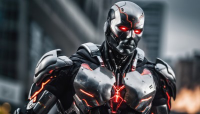 solo,red eyes,1boy,upper body,male focus,armor,blurry,blurry background,glowing,helmet,robot,building,glowing eyes,science fiction,city,cyborg,power armor,looking at viewer,mask,realistic,android