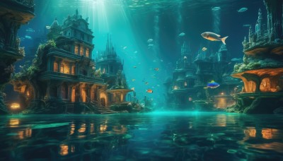 outdoors,water,no humans,window,ocean,animal,sunlight,plant,building,scenery,fish,light rays,city,underwater,fantasy,light,watercraft,architecture,sunbeam,ruins,bridge,ship,boat,arch,whale,turtle,air bubble,castle