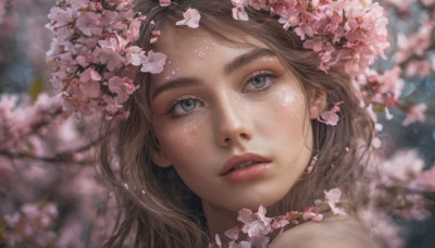 1girl, solo, long hair, looking at viewer, blue eyes, brown hair, flower, parted lips, teeth, blurry, lips, petals, eyelashes, depth of field, cherry blossoms, portrait, close-up, freckles, realistic, nose, branch