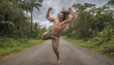 solo,long hair,open mouth,brown hair,1boy,navel,nipples,full body,closed eyes,male focus,outdoors,sky,shorts,barefoot,day,cloud,dark skin,arms up,tree,muscular,abs,cloudy sky,pectorals,muscular male,nature,forest,topless male,running,realistic,palm tree,smile,standing,armpits,facial hair,dark-skinned male,grass,beard,bush,manly,shouting