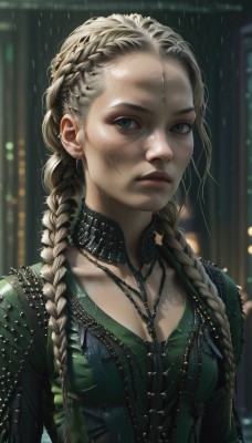 1girl,solo,long hair,breasts,looking at viewer,blonde hair,cleavage,jewelry,closed mouth,green eyes,collarbone,upper body,braid,earrings,choker,artist name,necklace,blurry,twin braids,lips,wet,eyelashes,makeup,depth of field,blurry background,scar,piercing,hair over shoulder,forehead,freckles,rain,realistic,nose,green shirt,leather,multiple braids,shirt,dress,medium breasts,small breasts,expressionless,ear piercing,green dress,eyebrow piercing