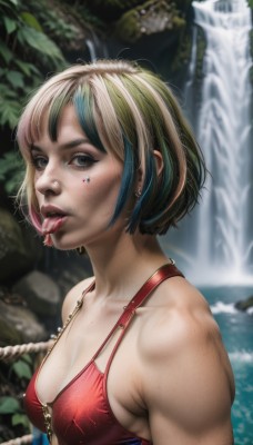 1girl,solo,breasts,looking at viewer,short hair,open mouth,blonde hair,black hair,cleavage,bare shoulders,jewelry,medium breasts,blue hair,swimsuit,upper body,bikini,multicolored hair,earrings,small breasts,outdoors,green hair,teeth,tongue,tongue out,water,mole,blurry,black eyes,two-tone hair,lips,streaked hair,saliva,makeup,blurry background,piercing,ear piercing,bikini top only,freckles,red bikini,realistic,nose,waterfall,tongue piercing,brown eyes,collarbone,parted lips,necklace,covered nipples,eyelashes,muscular,facial mark,strap gap,facepaint