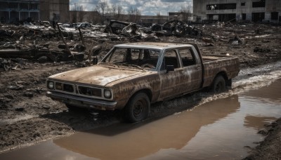 outdoors,sky,day,cloud,tree,no humans,cloudy sky,ground vehicle,building,scenery,motor vehicle,snow,city,realistic,car,road,ruins,vehicle focus,sports car,truck,tire,weapon,water,military,snowing,winter