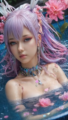 1girl,solo,long hair,breasts,looking at viewer,bangs,blue eyes,hair ornament,cleavage,jewelry,medium breasts,closed mouth,collarbone,upper body,ponytail,pink hair,flower,nude,earrings,water,necklace,lips,wet,grey eyes,petals,makeup,pink flower,partially submerged,realistic,nose,bathing,lily pad,lotus,bare shoulders,purple hair,choker,artist name,eyelashes,feathers,gem,eyeshadow,water drop,feather hair ornament