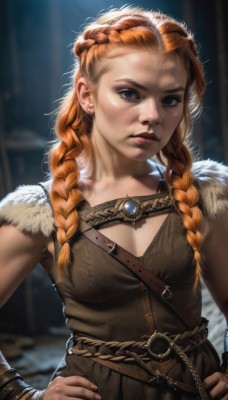 1girl,solo,long hair,breasts,looking at viewer,blue eyes,dress,jewelry,closed mouth,upper body,braid,earrings,small breasts,sleeveless,belt,artist name,necklace,orange hair,blurry,twin braids,lips,grey eyes,fur trim,makeup,blurry background,freckles,hands on hips,realistic,nose,bracer,cleavage,medium breasts