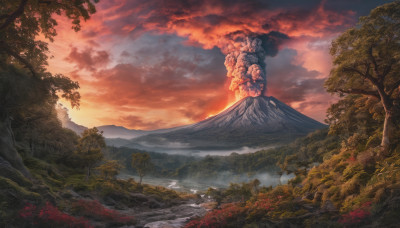 outdoors, sky, cloud, tree, no humans, cloudy sky, nature, scenery, forest, sunset, mountain, river, landscape, red sky