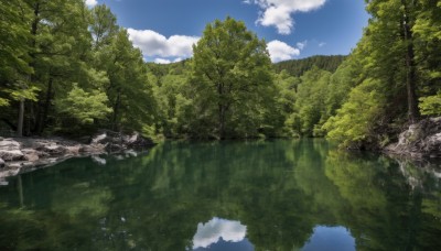 outdoors,sky,day,cloud,water,tree,blue sky,no humans,cloudy sky,grass,nature,scenery,forest,reflection,river,landscape,rock,lake,reflective water