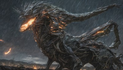 solo,open mouth,tail,outdoors,sky,teeth,cloud,orange eyes,no humans,glowing,cloudy sky,fire,robot,sharp teeth,mecha,glowing eyes,claws,science fiction,rain,monster,kaijuu,wings,from side,dragon,breathing fire