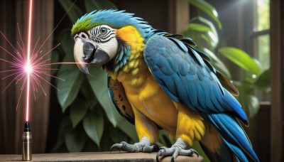 HQ,solo,looking at viewer,closed mouth,standing,yellow eyes,wings,indoors,blurry,no humans,bird,animal,feathers,plant,realistic,animal focus,talons,beak,blue feathers,parrot,open mouth,tongue,leaf,watermark,web address,claws