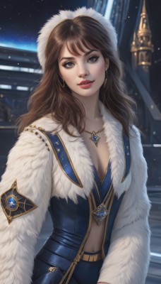 1girl,solo,long hair,breasts,looking at viewer,bangs,blue eyes,brown hair,long sleeves,navel,cleavage,jewelry,medium breasts,earrings,outdoors,parted lips,necklace,blurry,lips,fur trim,makeup,night,blurry background,lipstick,snow,pendant,hoop earrings,snowing,realistic,red lips,smile,dress,upper body,sky,teeth,artist name,grey eyes,eyelashes,blue dress,gem,star (sky),night sky,eyeshadow,starry sky