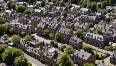 outdoors,day,tree,no humans,window,from above,building,nature,scenery,forest,stairs,city,road,cityscape,house,artist name,signature,chimney