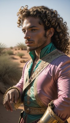 solo,long hair,brown hair,shirt,long sleeves,1boy,brown eyes,jewelry,closed mouth,standing,upper body,male focus,earrings,outdoors,sky,day,belt,artist name,signature,dark skin,necklace,blurry,blue sky,lips,fingernails,looking to the side,blurry background,facial hair,dark-skinned male,thick eyebrows,grass,beard,curly hair,pink shirt,gold trim,realistic,nose,stud earrings,looking afar,desert,looking at viewer,mole,sunlight,ring,sand