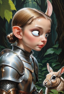 1girl,solo,short hair,blue eyes,blonde hair,brown hair,animal ears,closed mouth,upper body,braid,outdoors,pointy ears,hair bun,armor,rabbit ears,from side,tree,lips,animal,leaf,single hair bun,shoulder armor,gauntlets,nature,forest,freckles,pauldrons,rabbit,breastplate,nose,red lips,chainmail,plate armor,brown eyes,eyelashes,makeup,forehead,realistic