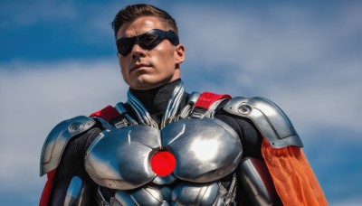 solo,brown hair,1boy,closed mouth,upper body,male focus,sky,cape,armor,blurry,bodysuit,sunglasses,realistic,red cape,superhero,looking at viewer,short hair,black hair,outdoors,day,facial hair