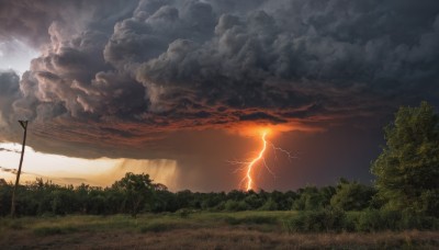 outdoors,sky,cloud,tree,no humans,sunlight,cloudy sky,grass,nature,scenery,forest,sunset,sun,road,lamppost,lightning,landscape,fantasy,electricity