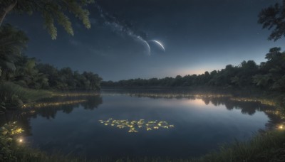 outdoors,sky,cloud,water,tree,no humans,night,leaf,moon,grass,plant,star (sky),nature,night sky,scenery,forest,starry sky,reflection,crescent moon,river,lake,fireflies,reflective water